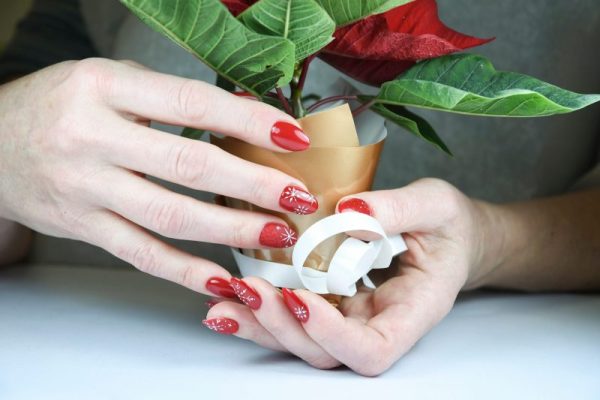female hands with stylish Christmas nail design, bright red nail polish with white snowflakes and sn